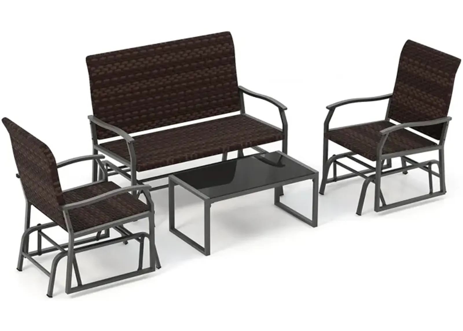 4 Piece Patio Gliding Set Wicker Swing Glider Furniture Set All Weather witrh Tempered Glass Coffee Table-Brown