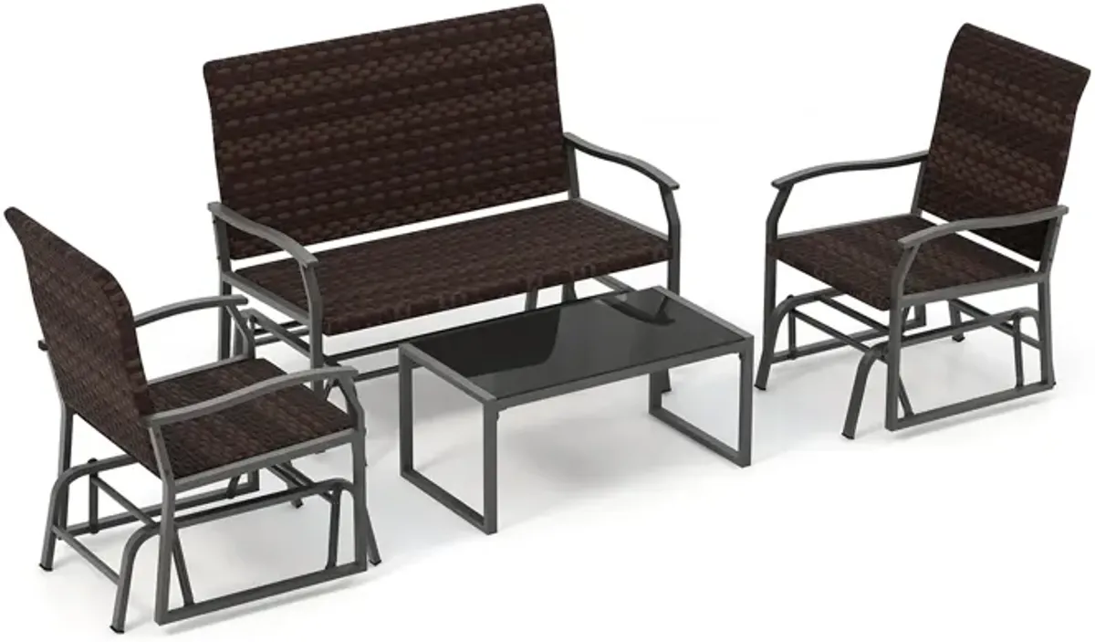 4 Piece Patio Gliding Set Wicker Swing Glider Furniture Set All Weather witrh Tempered Glass Coffee Table-Brown