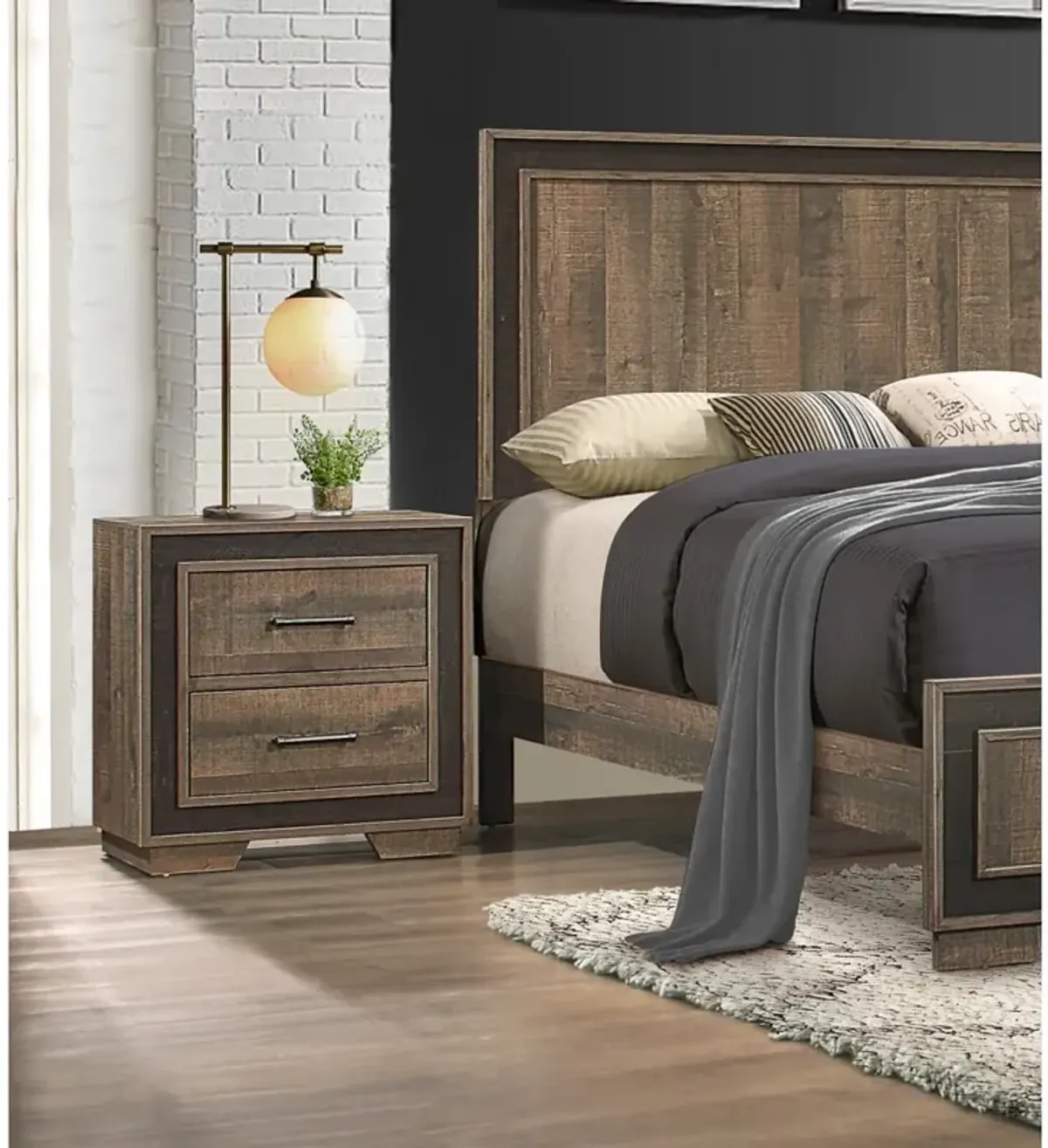 Rustic Style 1 Piece Nightstand Two-Tone Finish Embossed Faux-Wood Bedside Table Bedroom Furniture