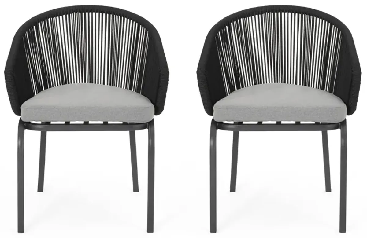 Candy Outdoor Dining Chair Set of 2, Gray Fabric, Black Metal, Woven Rope