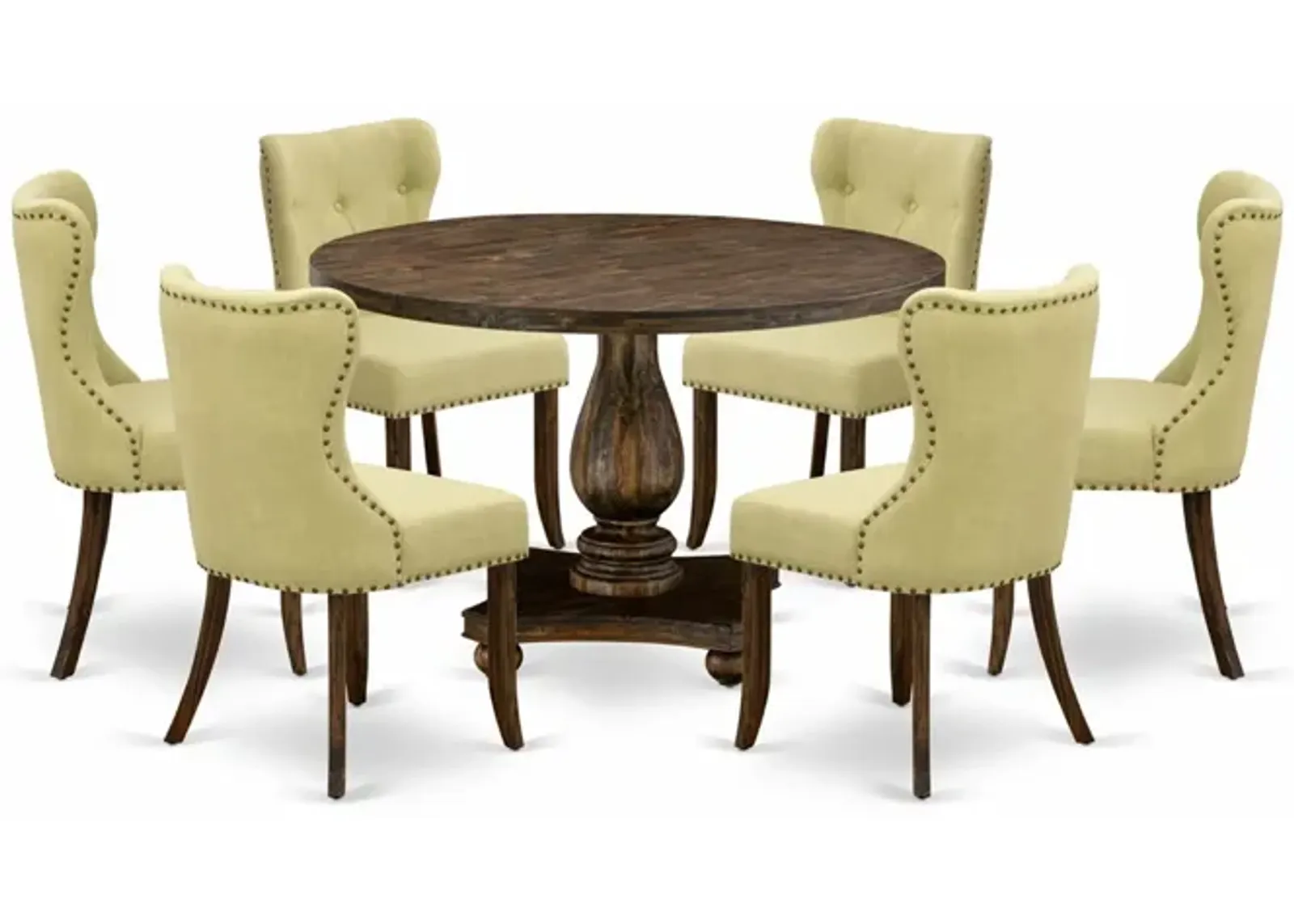 East West Furniture I2SI7-737 7Pc Dining Set - Round Table and 6 Parson Chairs - Distressed Jacobean Color