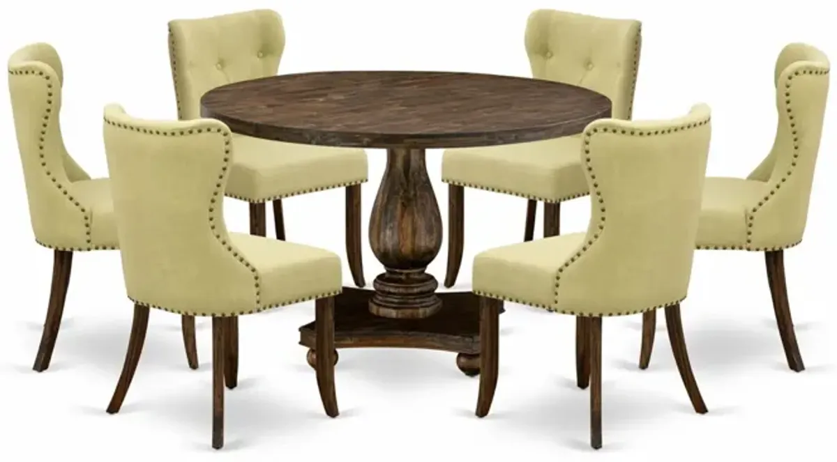 East West Furniture I2SI7-737 7Pc Dining Set - Round Table and 6 Parson Chairs - Distressed Jacobean Color