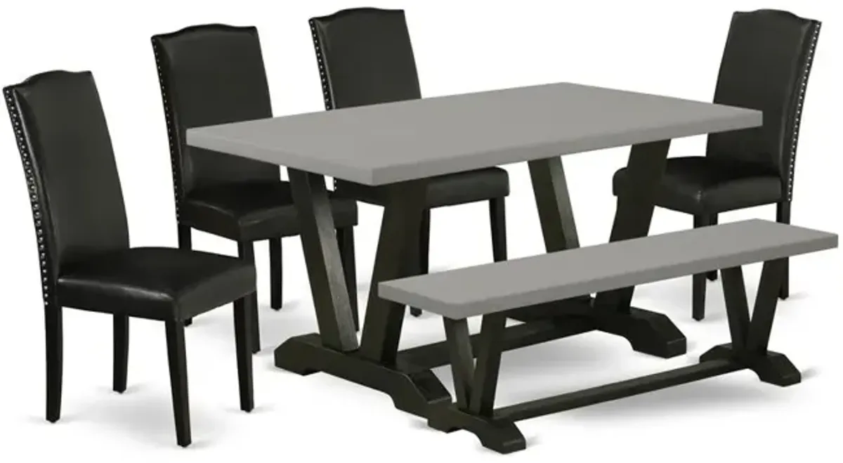 East West Furniture V696EN169-6 6-Pc Dining Table Set - 4 Parson Chairs, a Dining Bench Cement Top and 1 Cement Dining Table Top with High Stylish Chair Back - Wire Brushed Black Finish