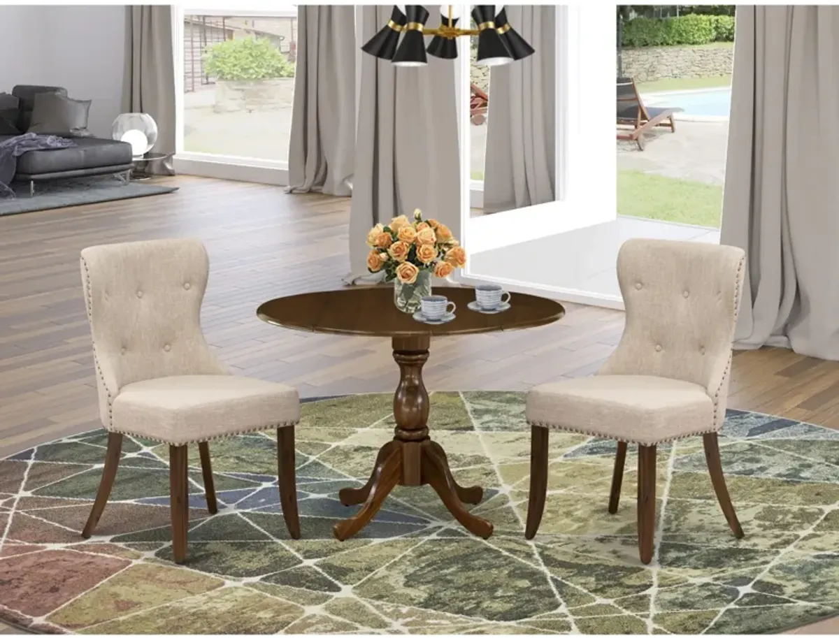 East West Furniture East West Furniture DMSI3-AWA-04 3 Piece Dining Table Set Includes 1 Drop Leaves Wooden Table and 2 Light Tan Linen Fabric Dinning Chairs Button Tufted Back white Nail Heads - Acacia Walnut Finish