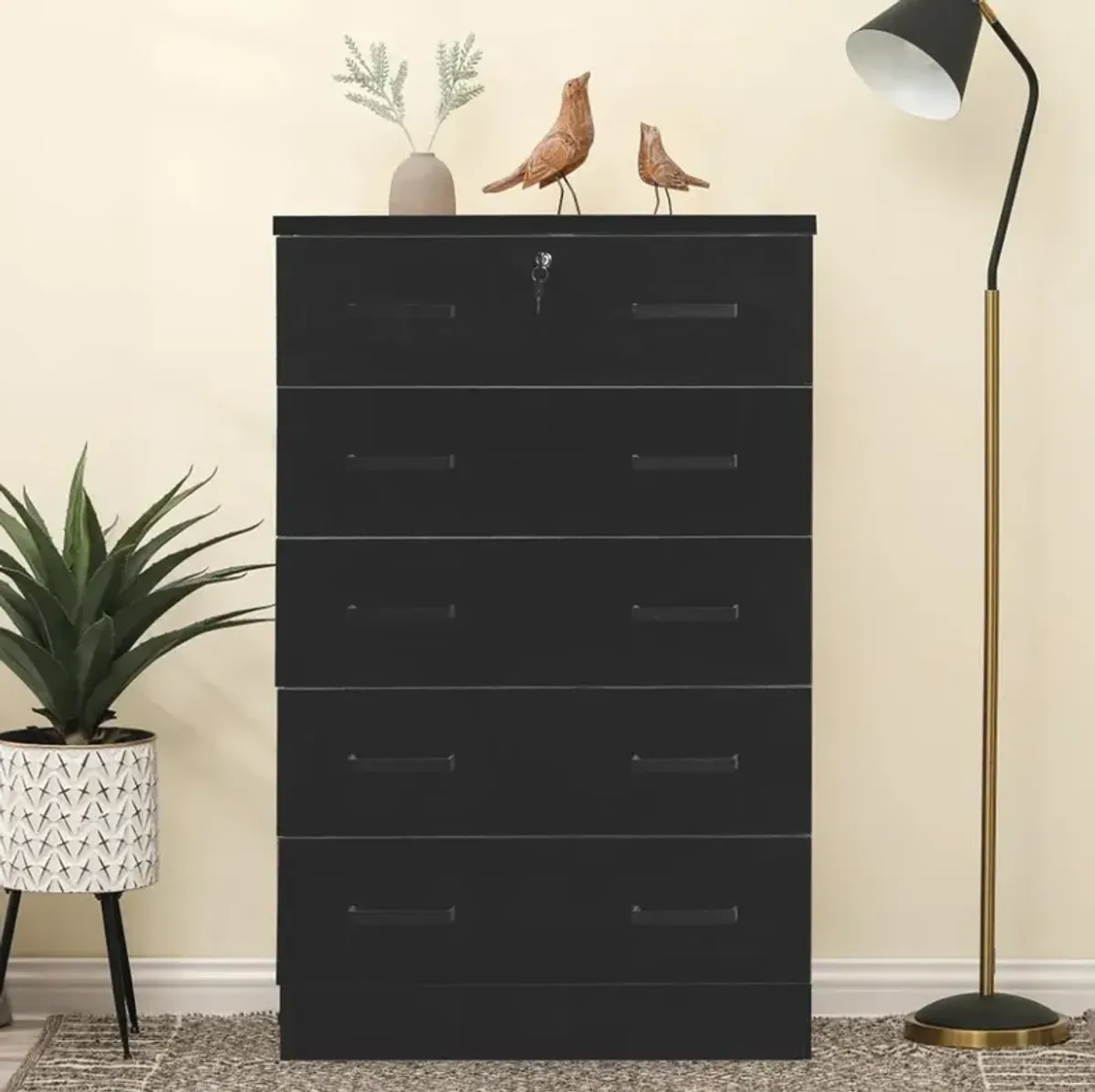 Better Home Products Cindy 5 Drawer Chest Wooden Dresser with Lock in Black