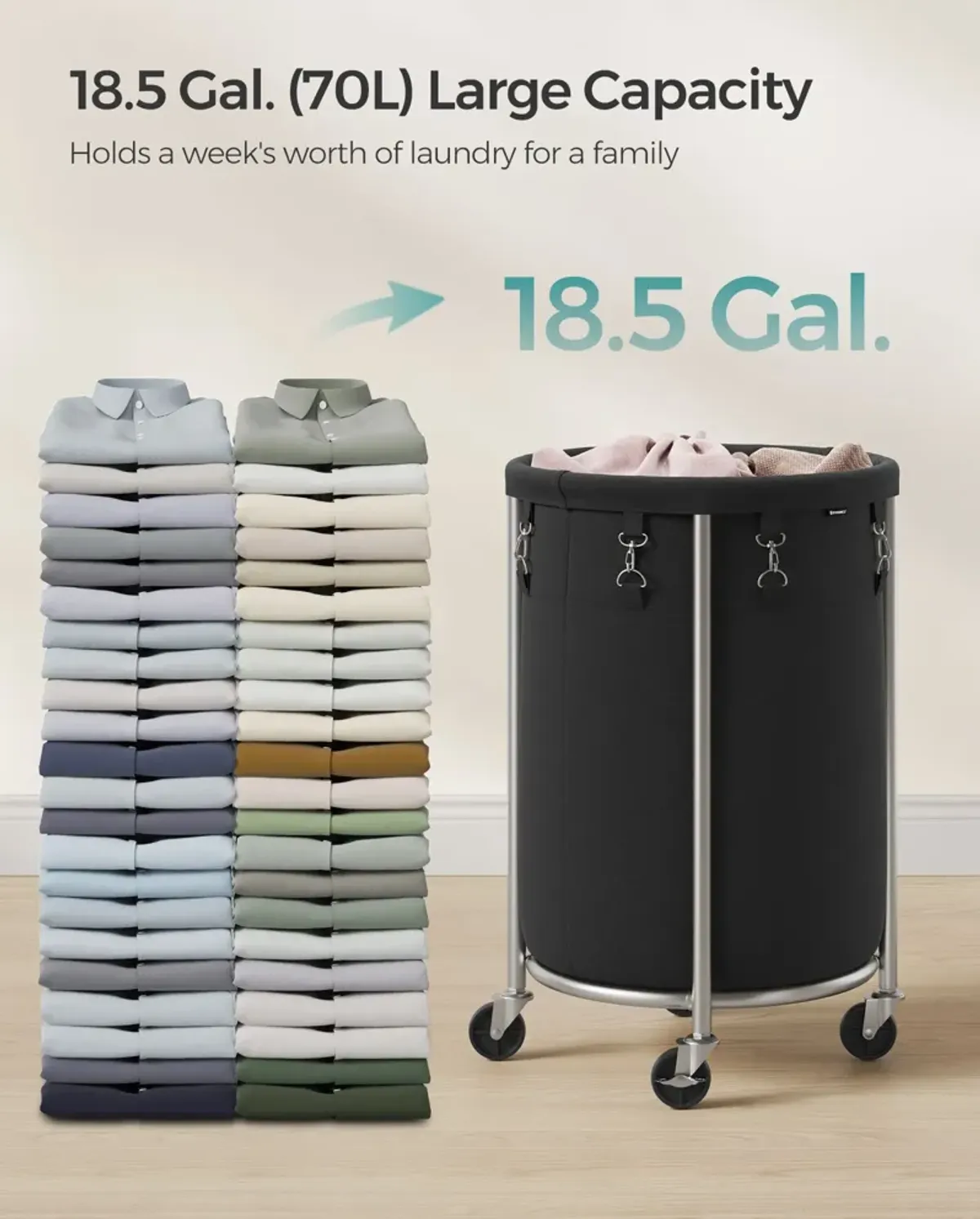 Laundry Basket with Wheels and Removable Bag, Steel Frame, 4 Casters and 2 Brakes