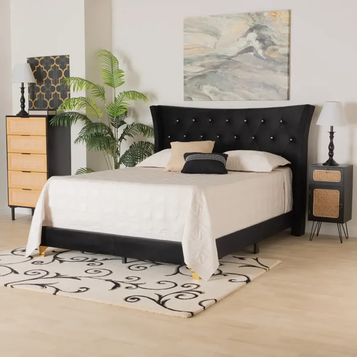Baxton Studio Easton and Luxe Black Velvet and Gold Metal Queen Size Panel Bed