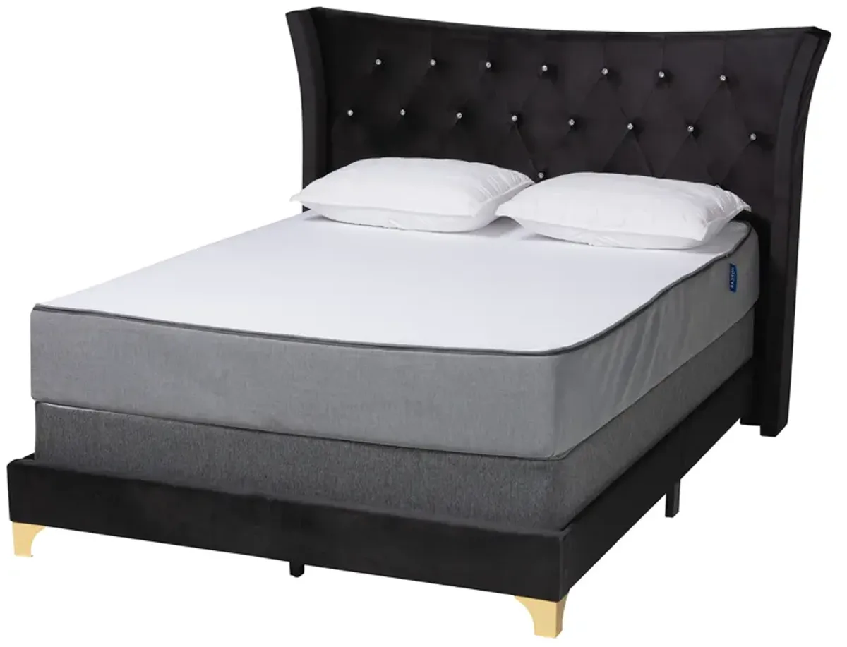 Baxton Studio Easton and Luxe Black Velvet and Gold Metal Queen Size Panel Bed