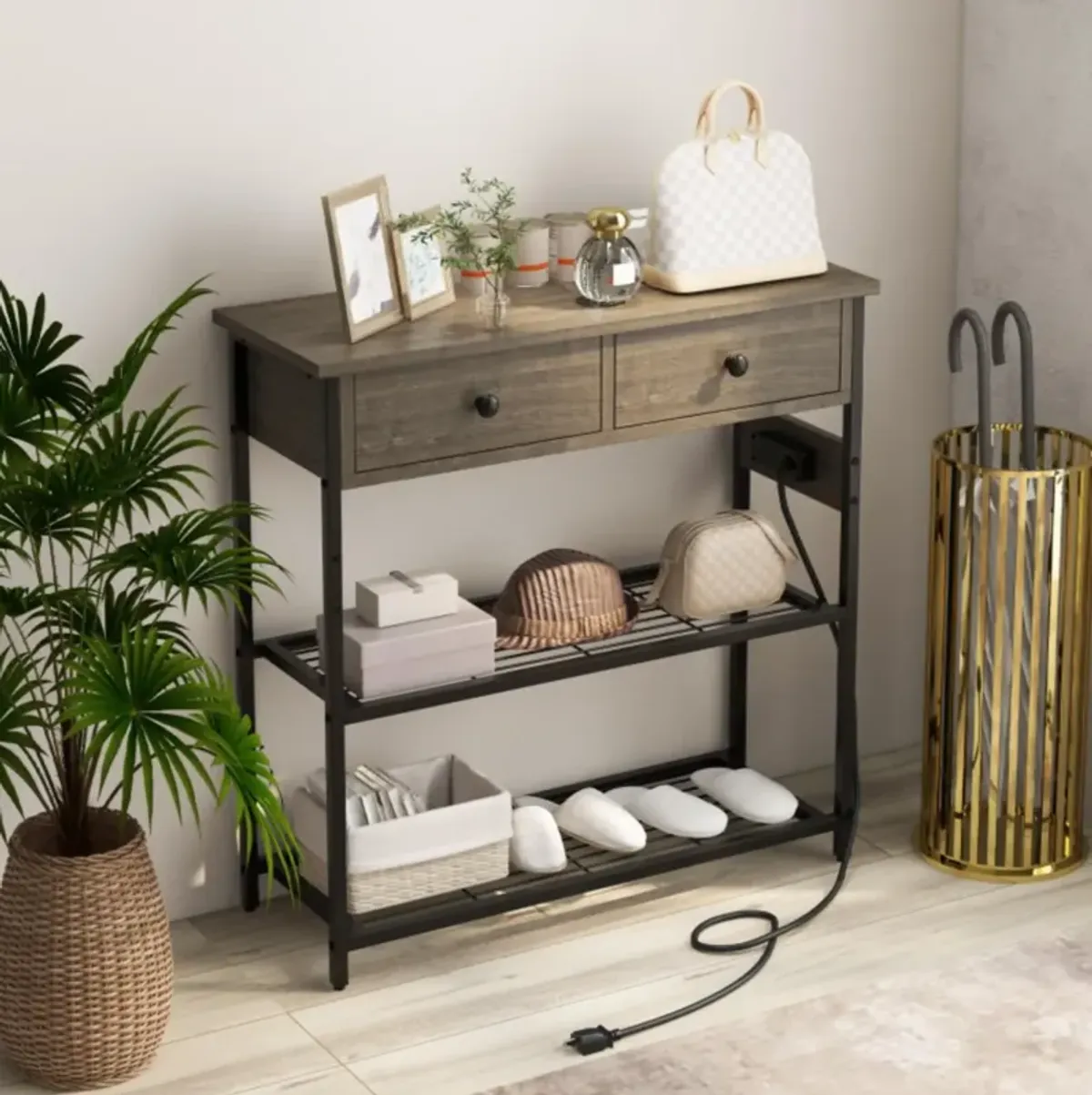 Hivvago Narrow Console Table with 2 Drawers and 2 Metal Mesh Shelves