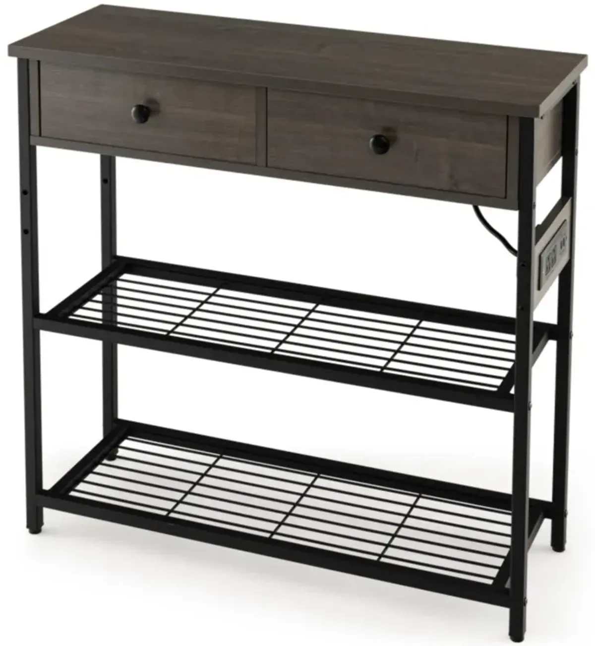 Hivvago Narrow Console Table with 2 Drawers and 2 Metal Mesh Shelves