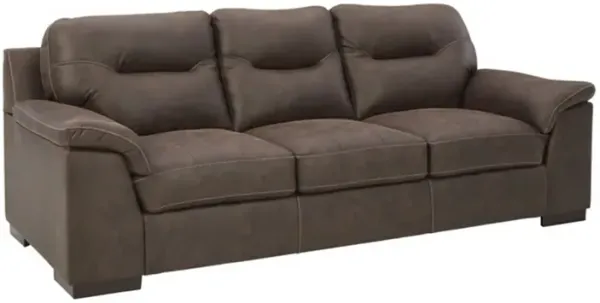 Danie Sofa, Flared Pillow Top Arms, Tufted Brown Faux Leather 96 Inch - Benzara
