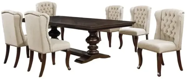 7 Piece Dining Set Extendable w/20"Center Leaf Extension & 6 Chairs in Beige Linen