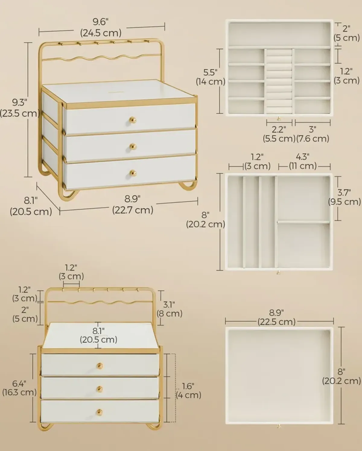 3-Tier Jewelry Box with Drawers for Organized Storage