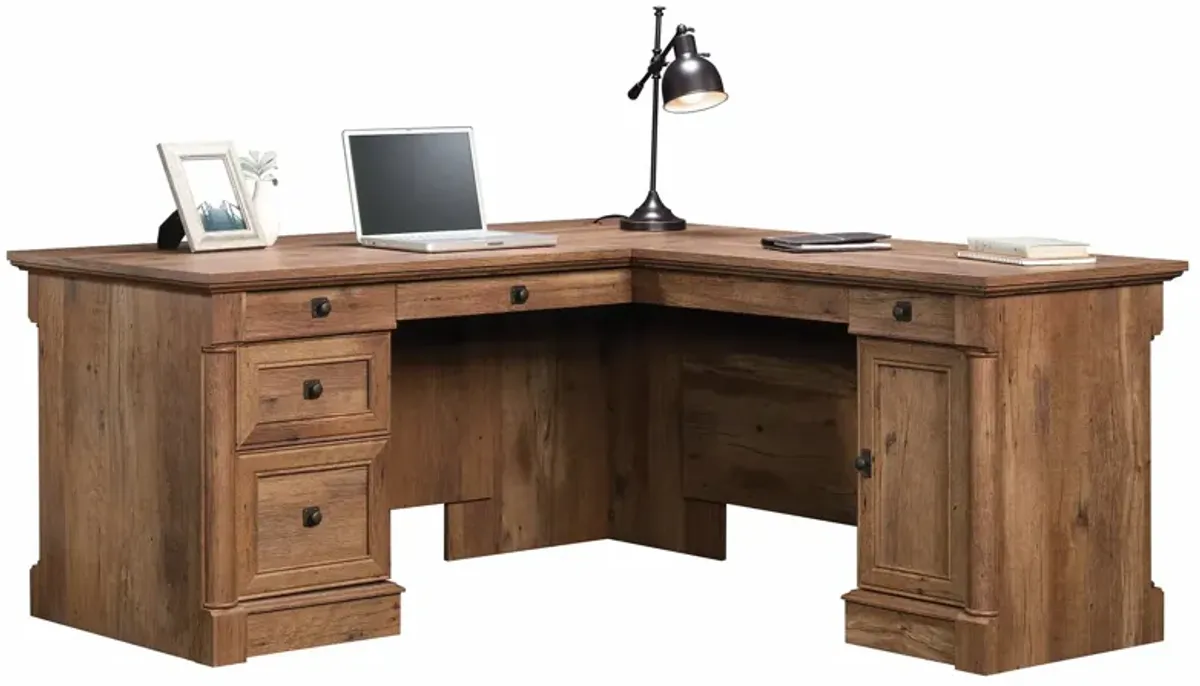 Sauder Palladia L Shaped Desk with Drawers, Office Desk with File Cabinet Storage, Cable Management, Keyboard Tray, in Vintage O