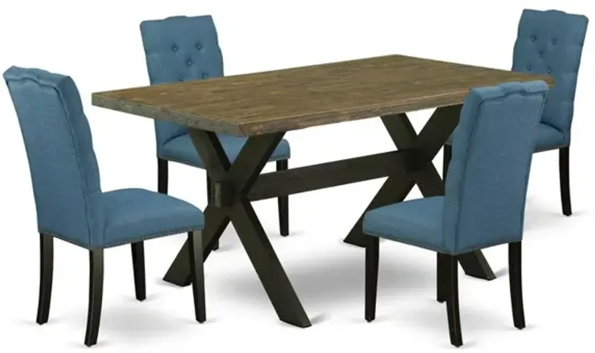 East West Furniture X676EL121-5 5-Piece Awesome Dining Table Set an Excellent Distressed Jacobean Dining Table Top and 4 Beautiful Linen Fabric Kitchen Chairs with Nail Heads and Button Tufted Chair B