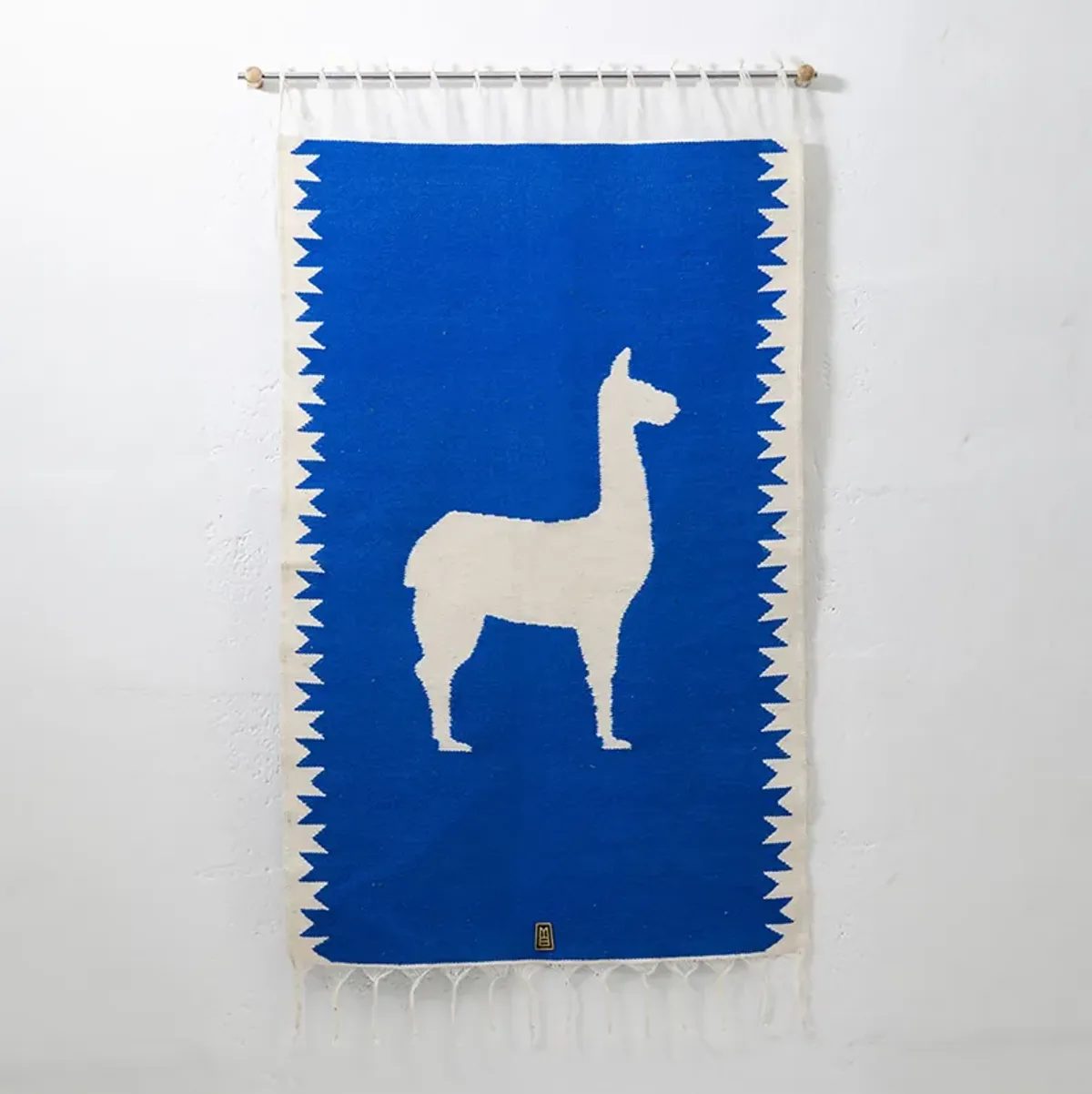 LLAMA Sheep Wool Handwoven Tapestry, Aged Bronze Wall Mount, Lapis Blue