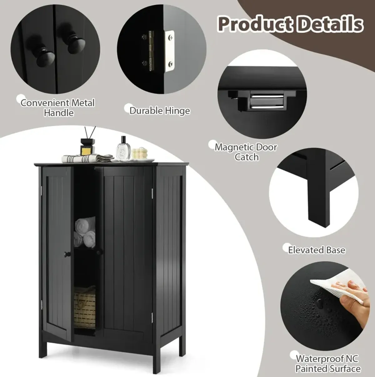 2-Door Freee-Standing Bathroom Cabinet with Shelf-Black