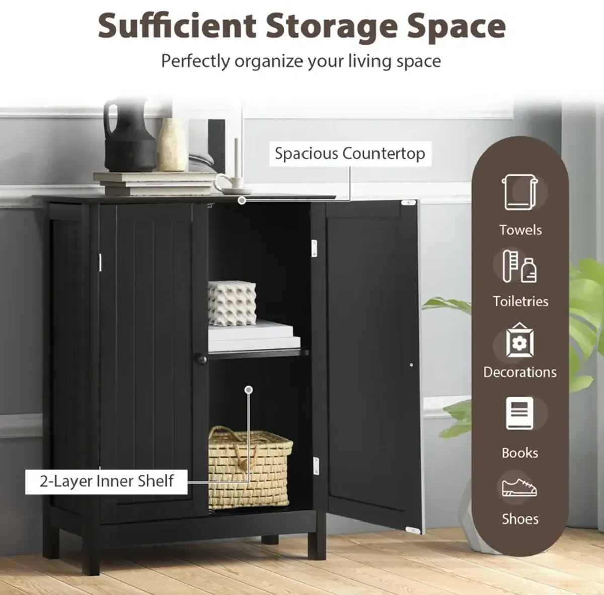 2-Door Freee-Standing Bathroom Cabinet with Shelf-Black