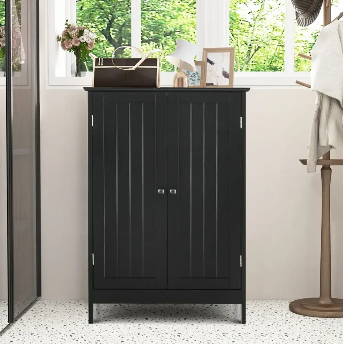 2-Door Freee-Standing Bathroom Cabinet with Shelf-Black