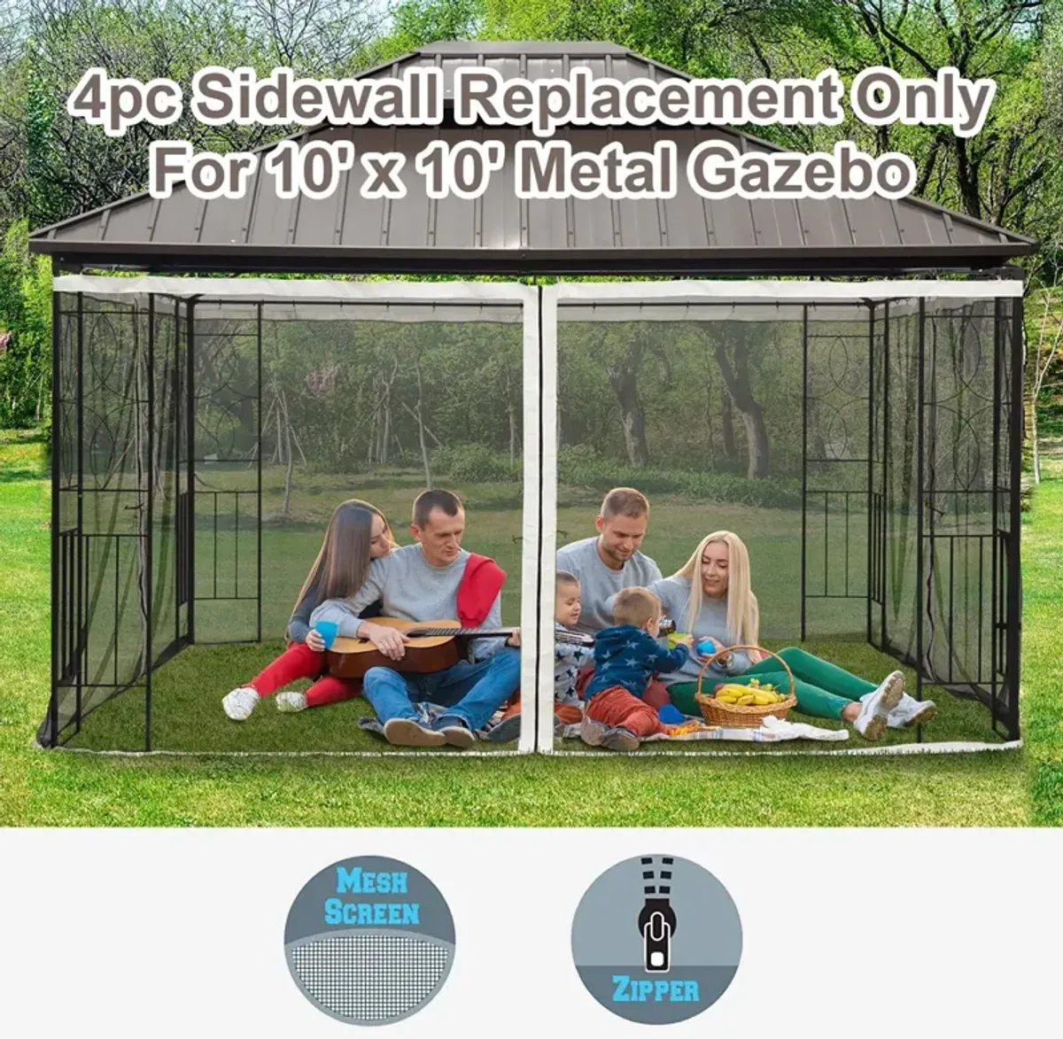 Black Patio Privacy: 10x10 Gazebo Sidewalls with Zippers (Netting Only)