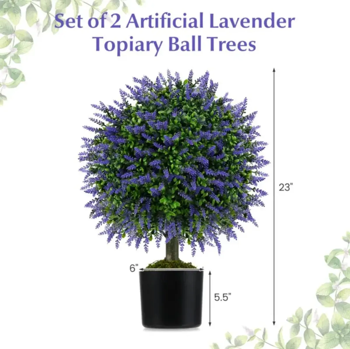Hivvago 23 Inch Set of 2 Artificial Lavender Topiary Ball Trees with Cement-Filled Pot