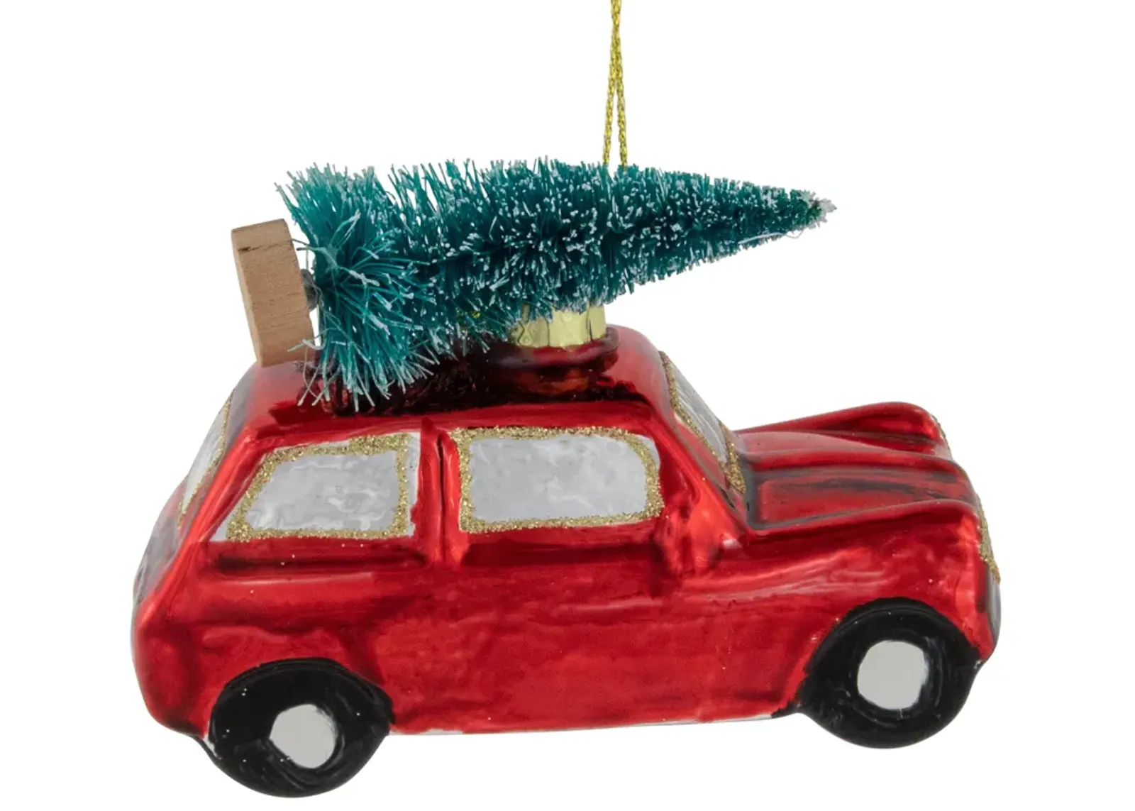 3.5" Red Station Wagon with Tree Glass Christmas Ornament