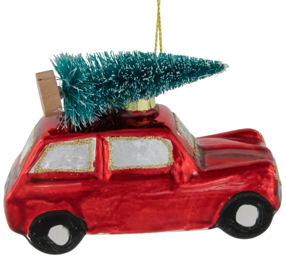 3.5" Red Station Wagon with Tree Glass Christmas Ornament