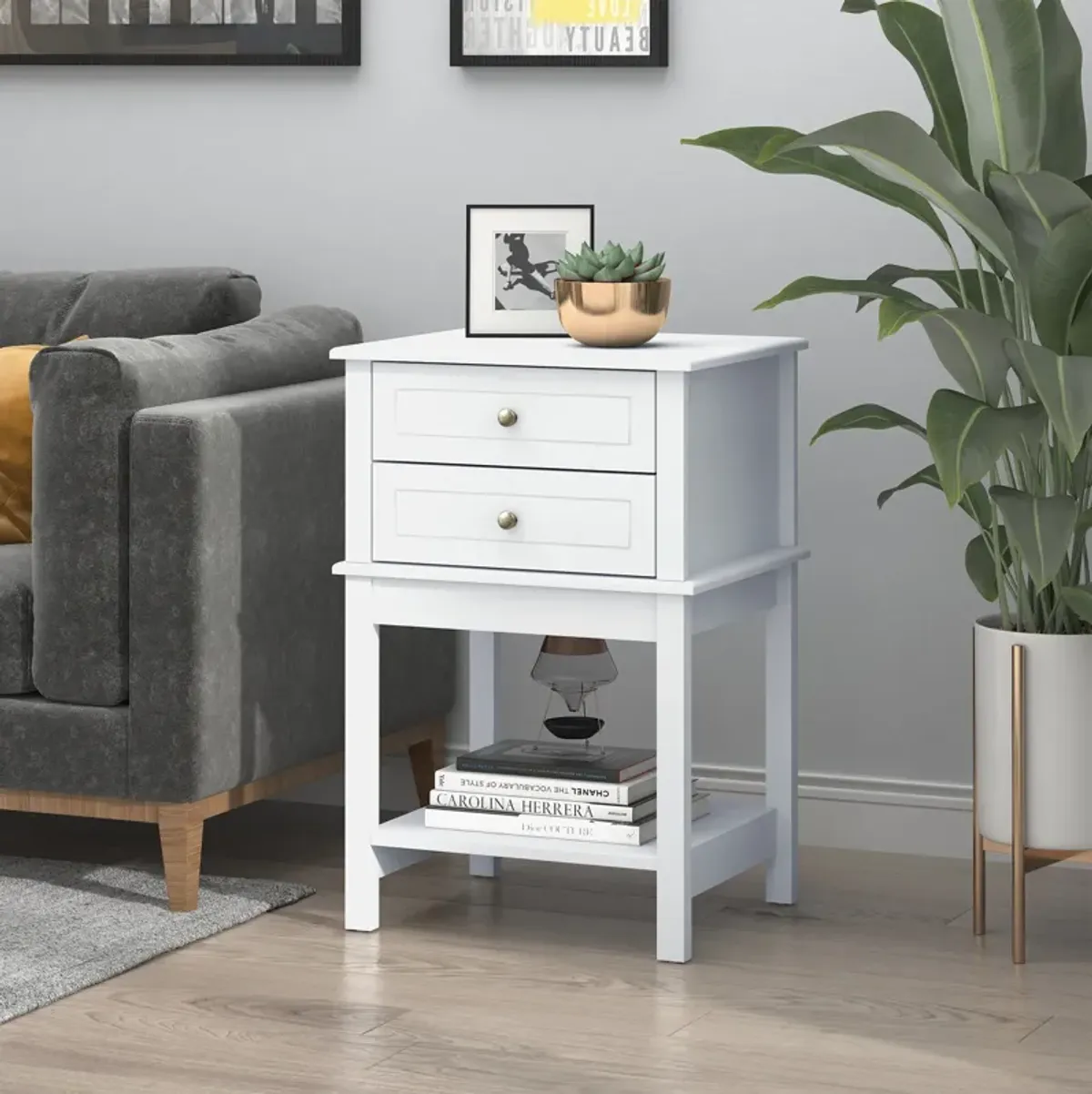 HOMCOM Side Table with 2 Storage Drawers, Modern End Table with Bottom Shelf for Living Room, Home Office, White