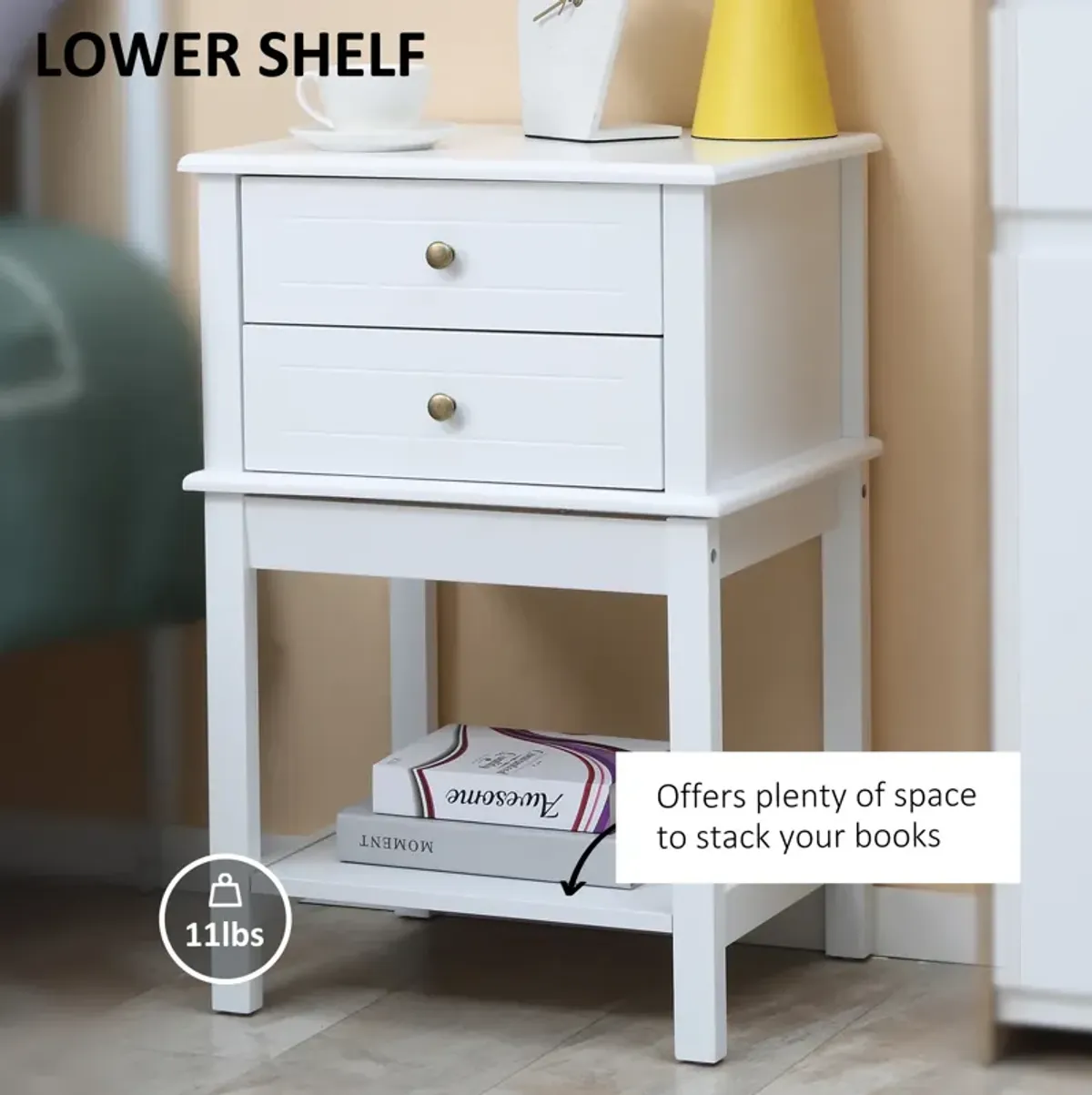 HOMCOM Side Table with 2 Storage Drawers, Modern End Table with Bottom Shelf for Living Room, Home Office, White