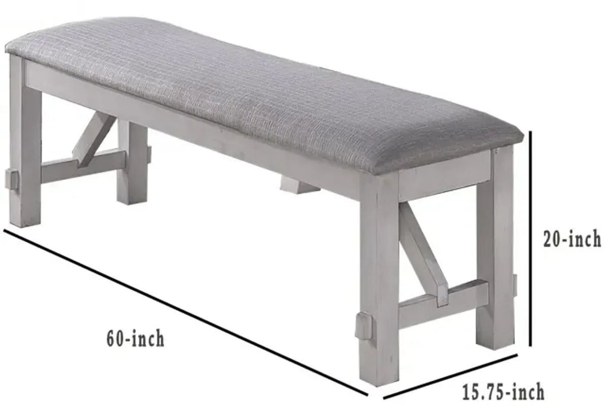 Fabric Upholstered Wooden Bench with Braces, Gray - Benzara