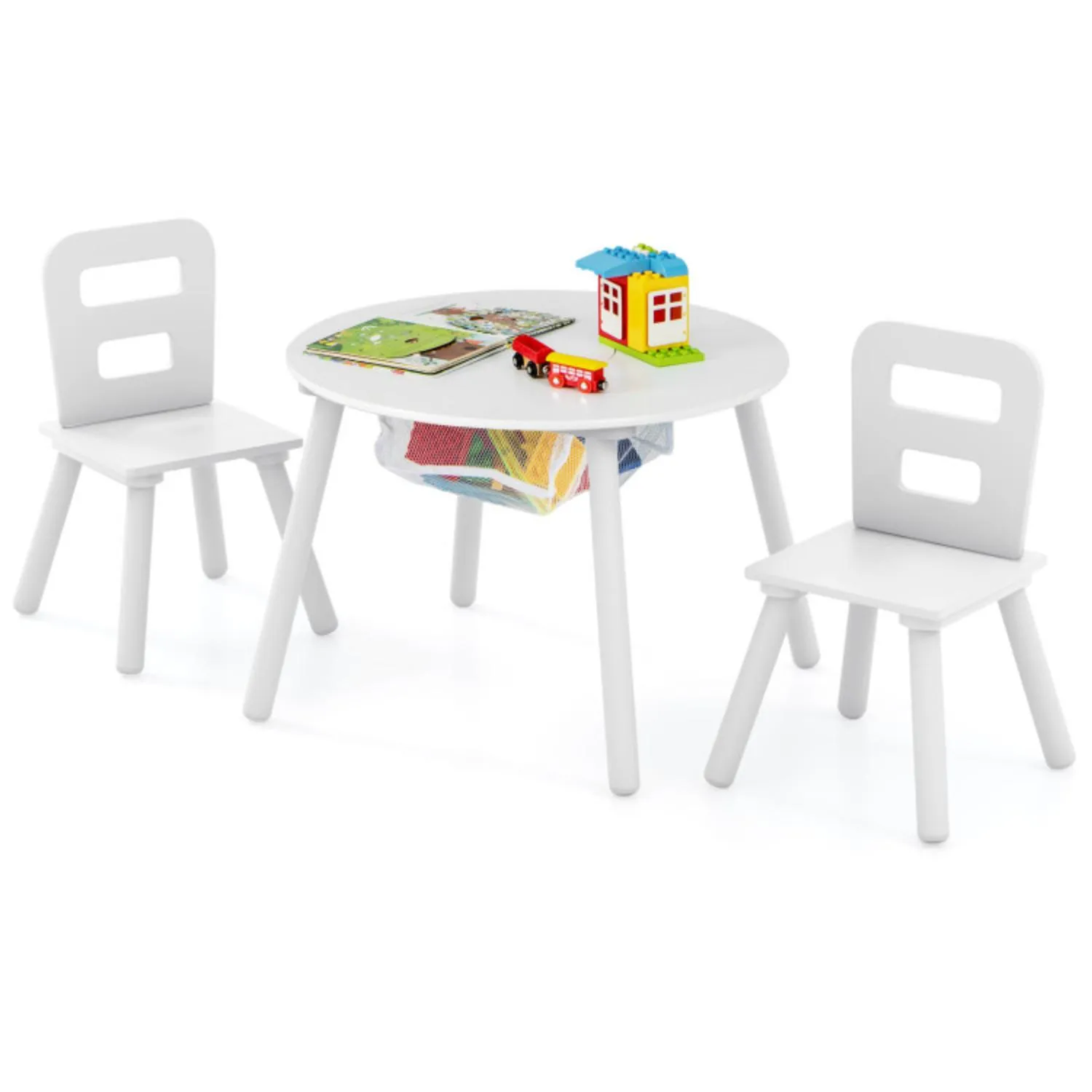 Wood Activity Kids Table and Chair Set with Center Mesh Storage for Snack Time and Homework