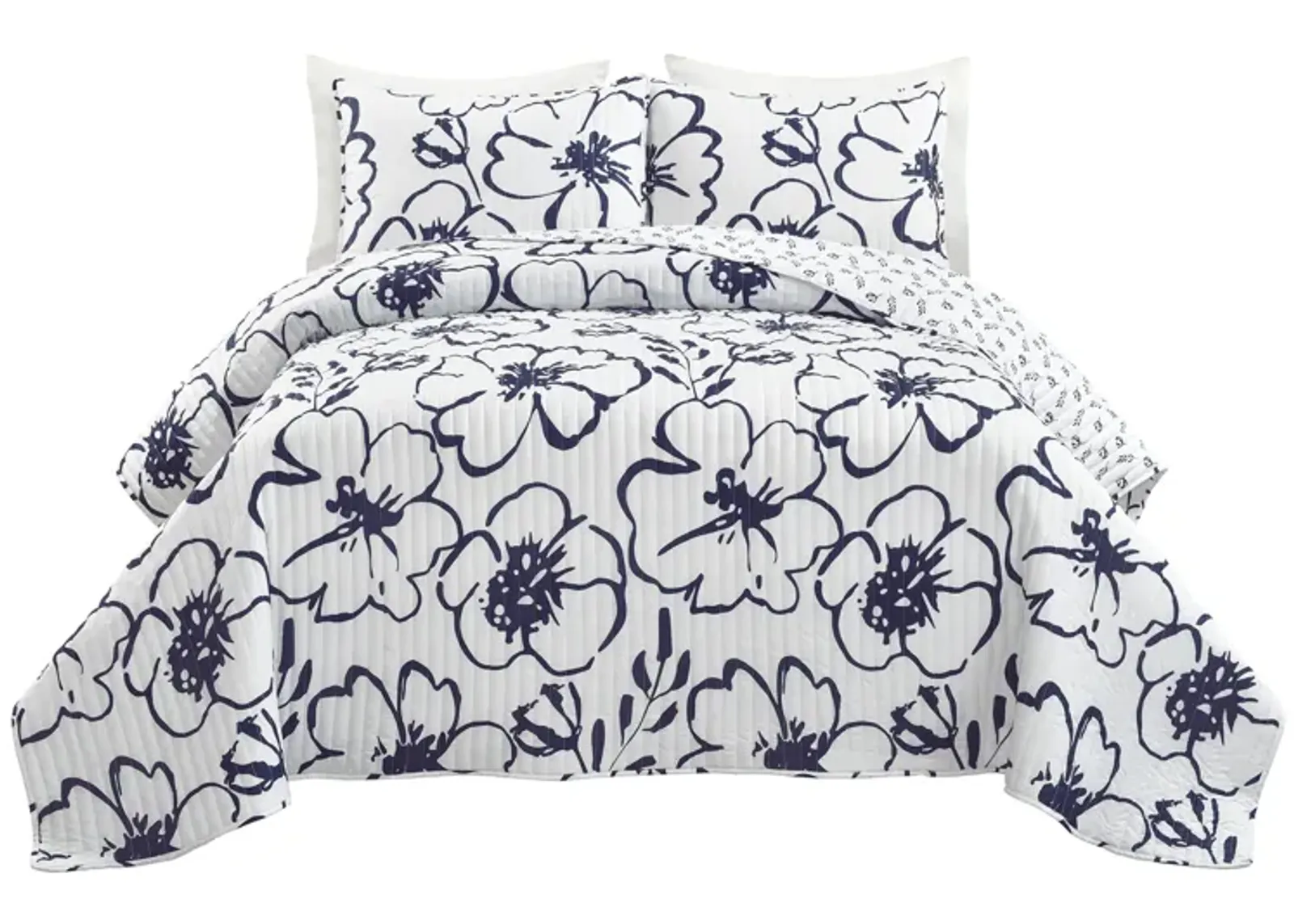 Scandinavian Floral Quilt Navy/White 3Pc Set King