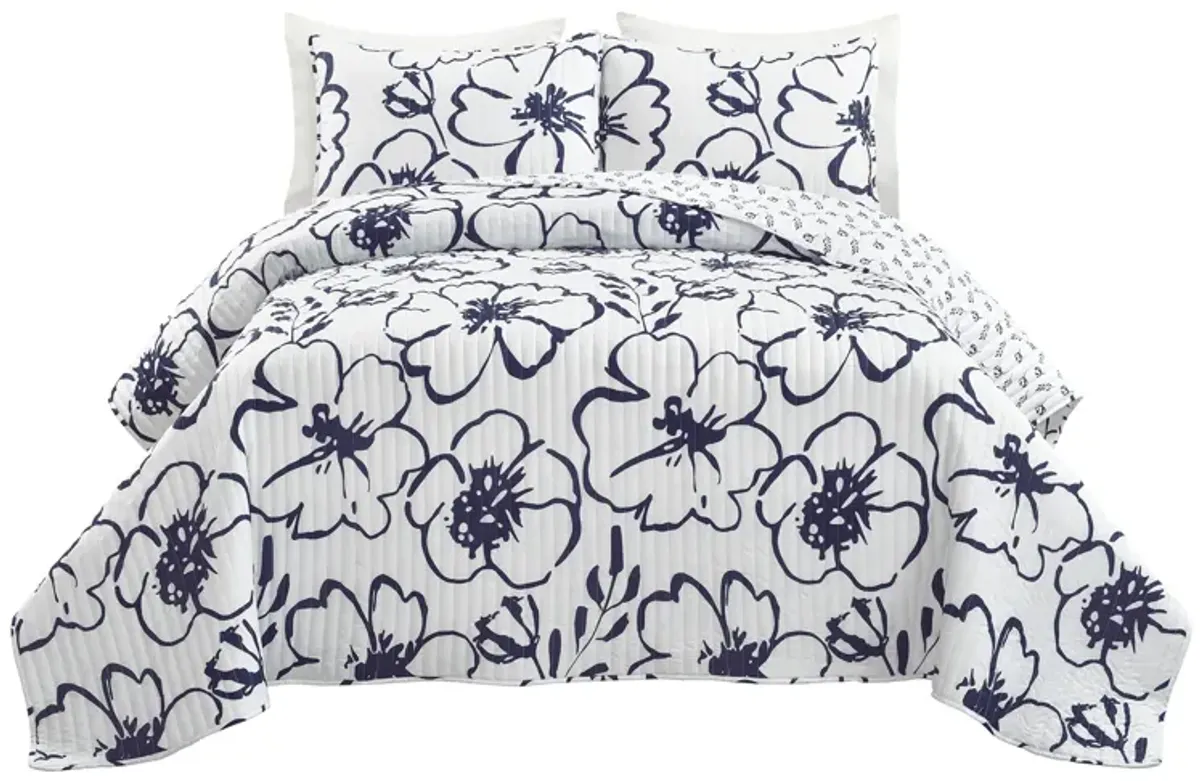 Scandinavian Floral Quilt Navy/White 3Pc Set King