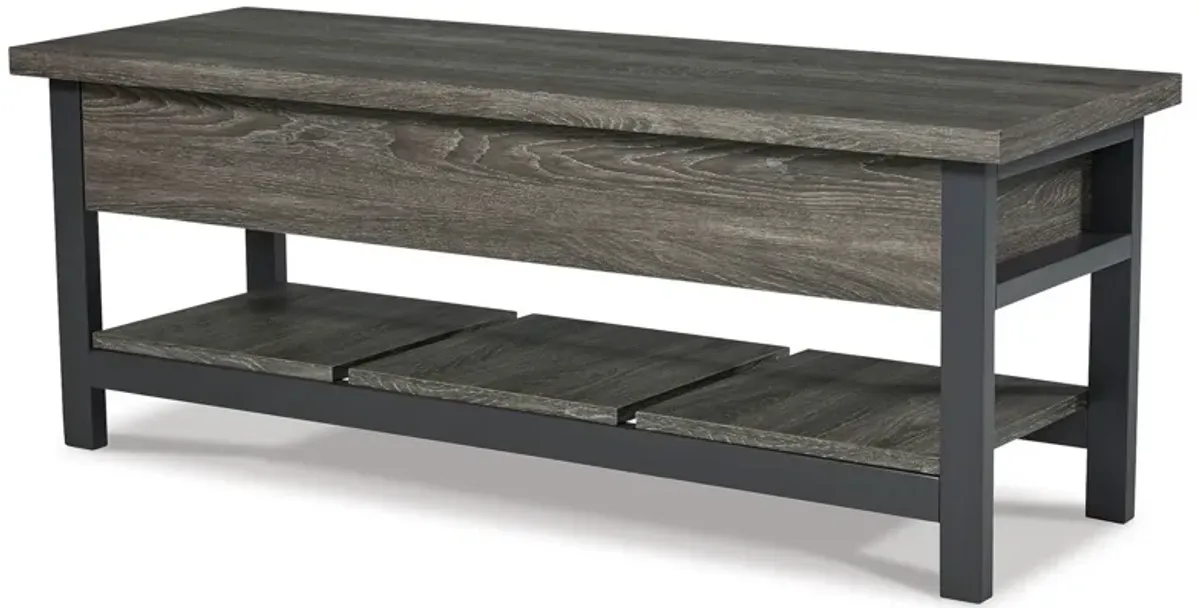 Ciara Storage Bench, Gray Engineered Wood, Black Solid Wood Legs, 48 Inch - Benzara