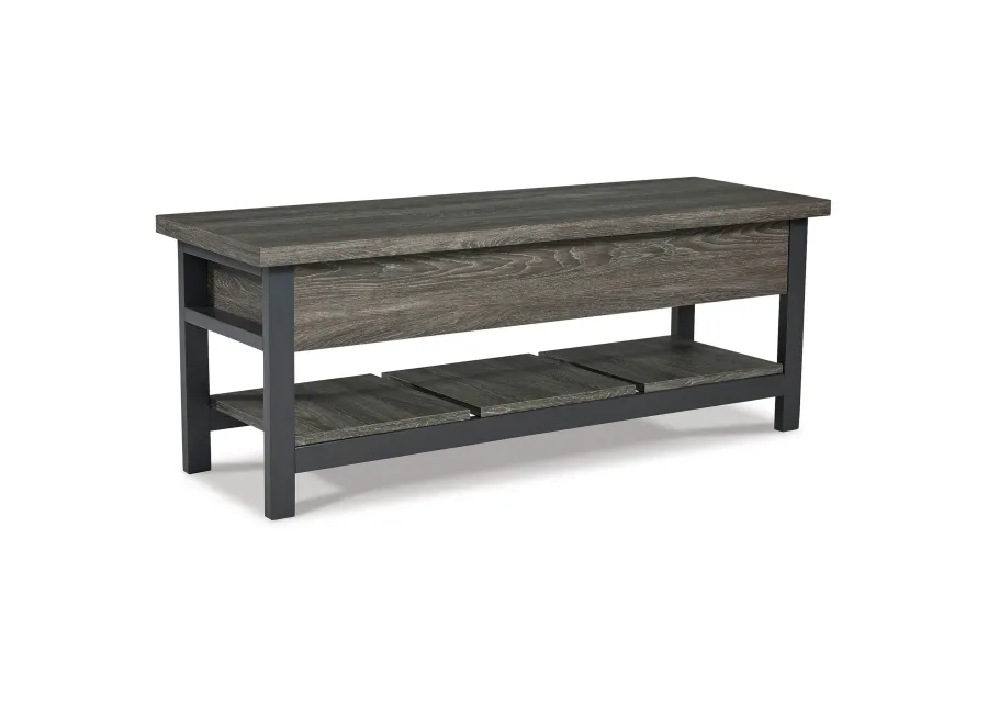 Ciara Storage Bench, Gray Engineered Wood, Black Solid Wood Legs, 48 Inch - Benzara