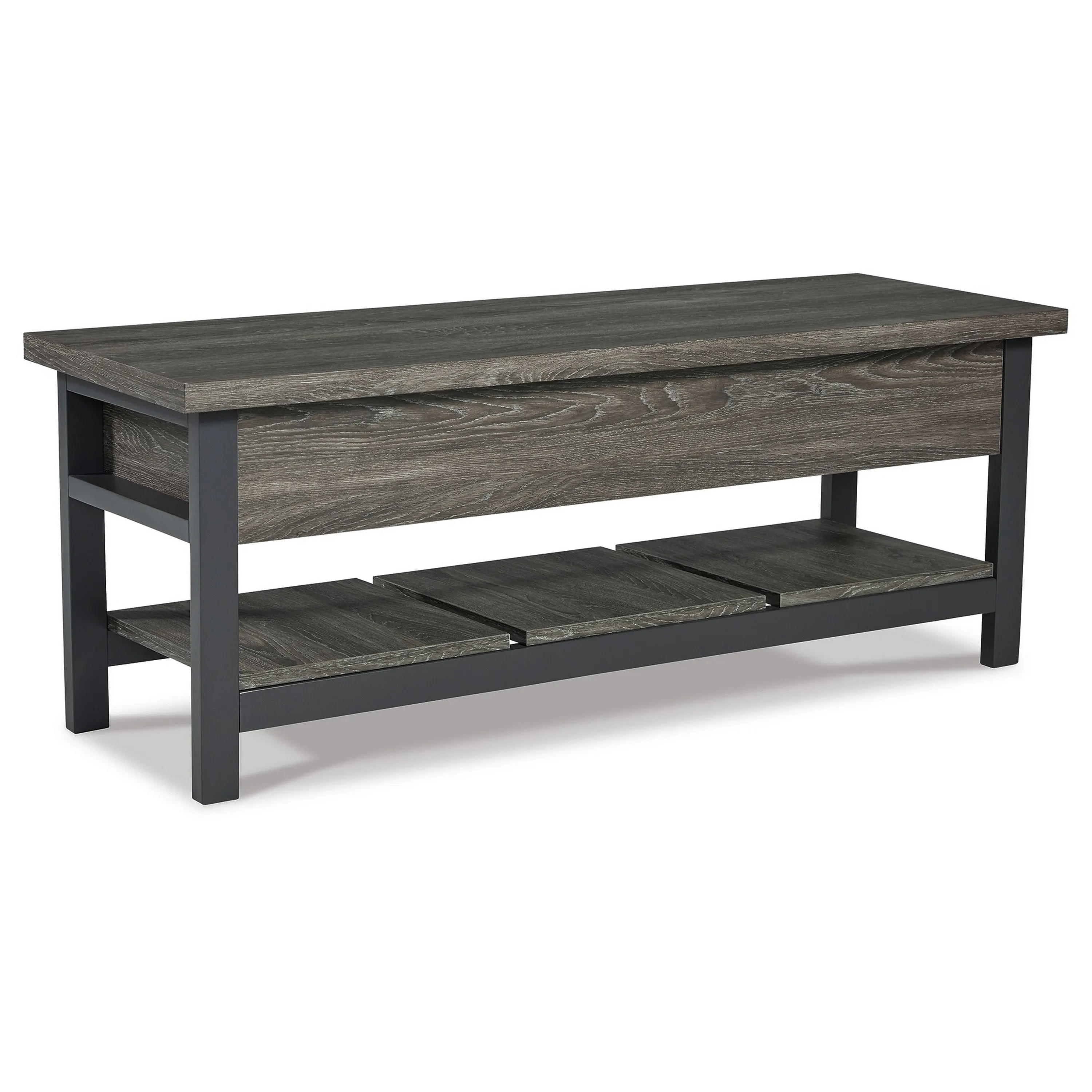 Ciara Storage Bench, Gray Engineered Wood, Black Solid Wood Legs, 48 Inch - Benzara