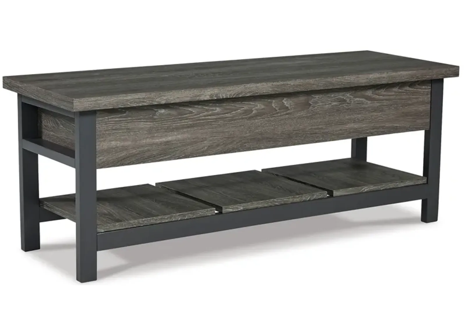 Ciara Storage Bench, Gray Engineered Wood, Black Solid Wood Legs, 48 Inch - Benzara