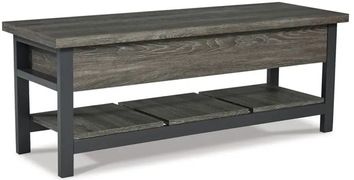 Ciara Storage Bench, Gray Engineered Wood, Black Solid Wood Legs, 48 Inch - Benzara