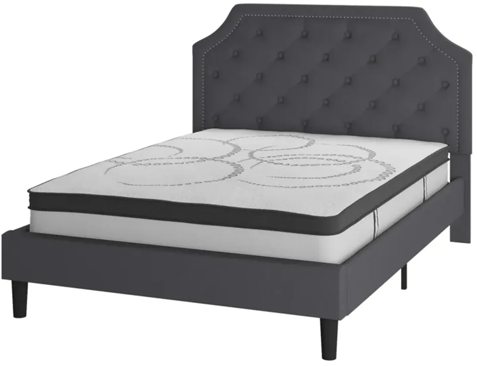 Brighton Queen Size Tufted Upholstered Platform Bed in Dark Gray Fabric with 10 Inch CertiPUR-US Certified Pocket Spring Mattress