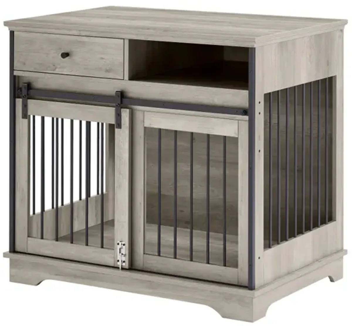 Sliding Door Dog Crate With Drawers. Grey, 35.43" W X 23.62" D X 33.46"