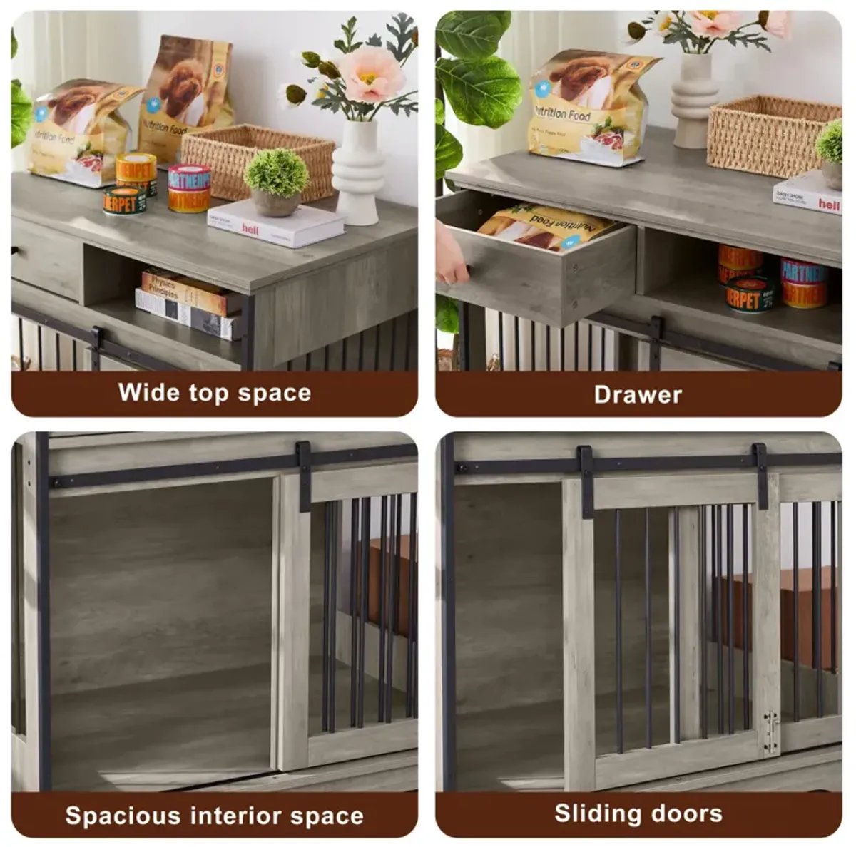 Sliding Door Dog Crate With Drawers. Grey, 35.43" W X 23.62" D X 33.46"