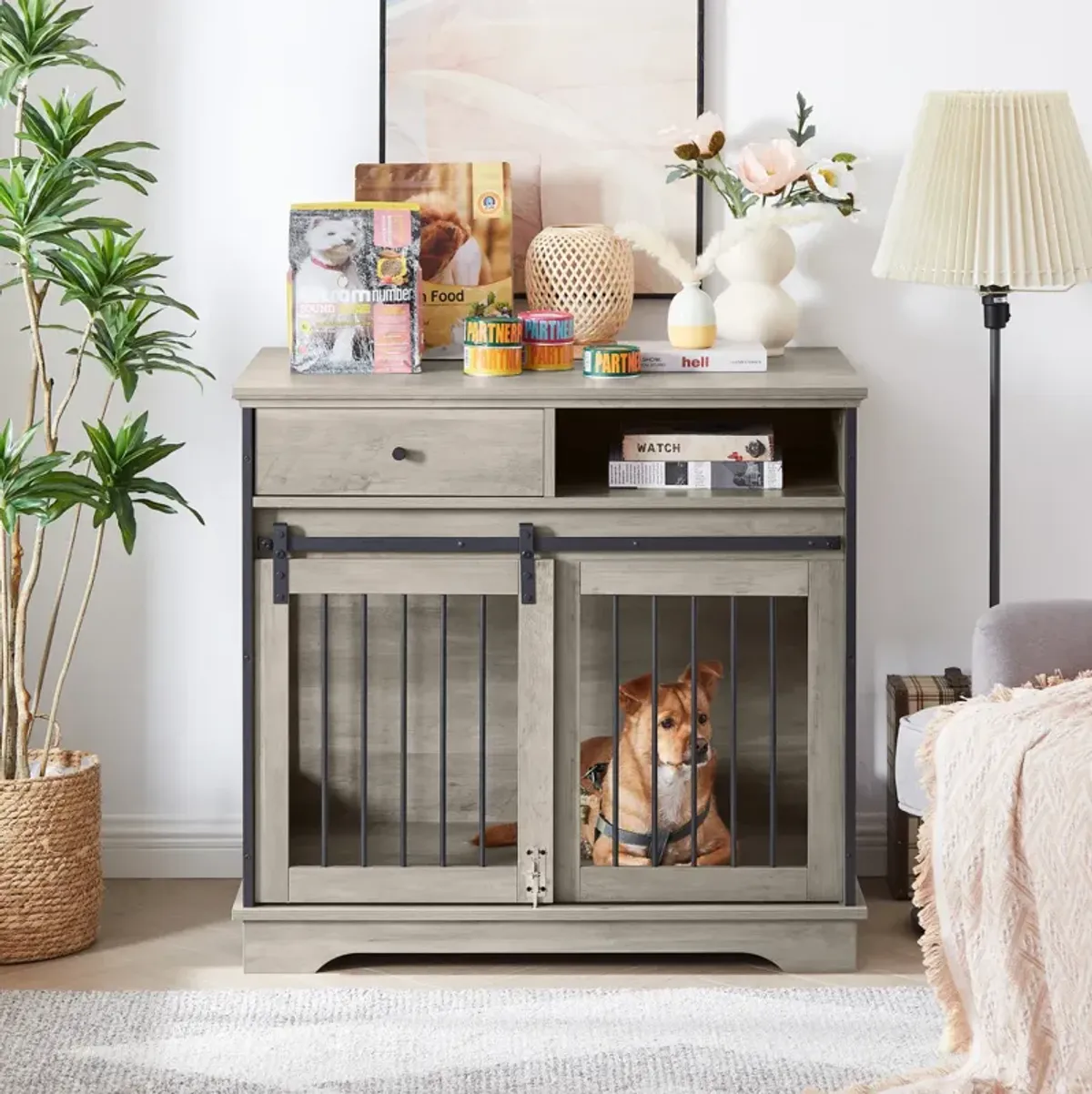 Sliding Door Dog Crate With Drawers. Grey, 35.43" W X 23.62" D X 33.46"