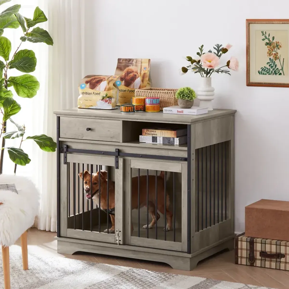 Sliding Door Dog Crate With Drawers. Grey, 35.43" W X 23.62" D X 33.46"