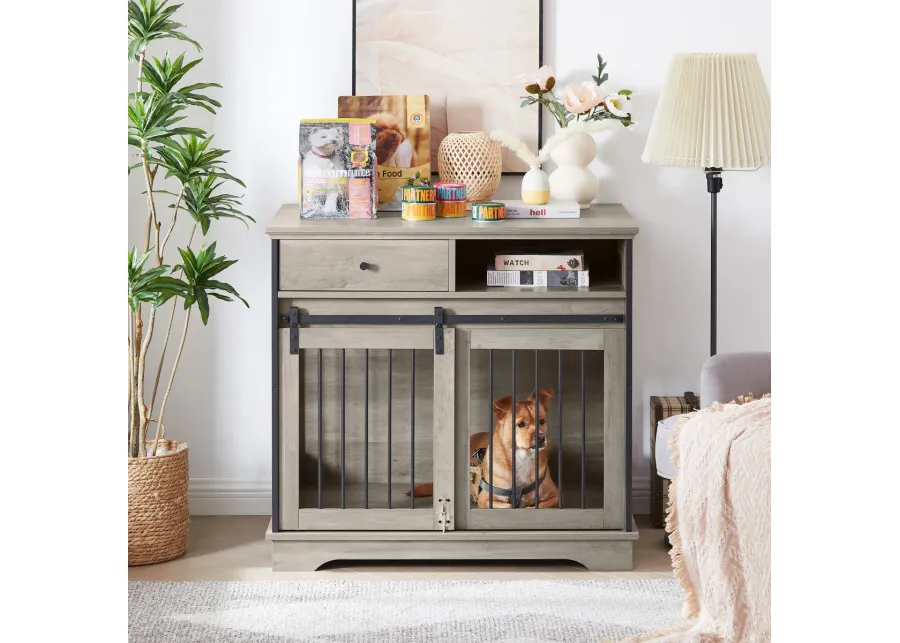 Sliding door dog crate with drawers. Grey,35.43" W x 23.62" D x 33.46" H