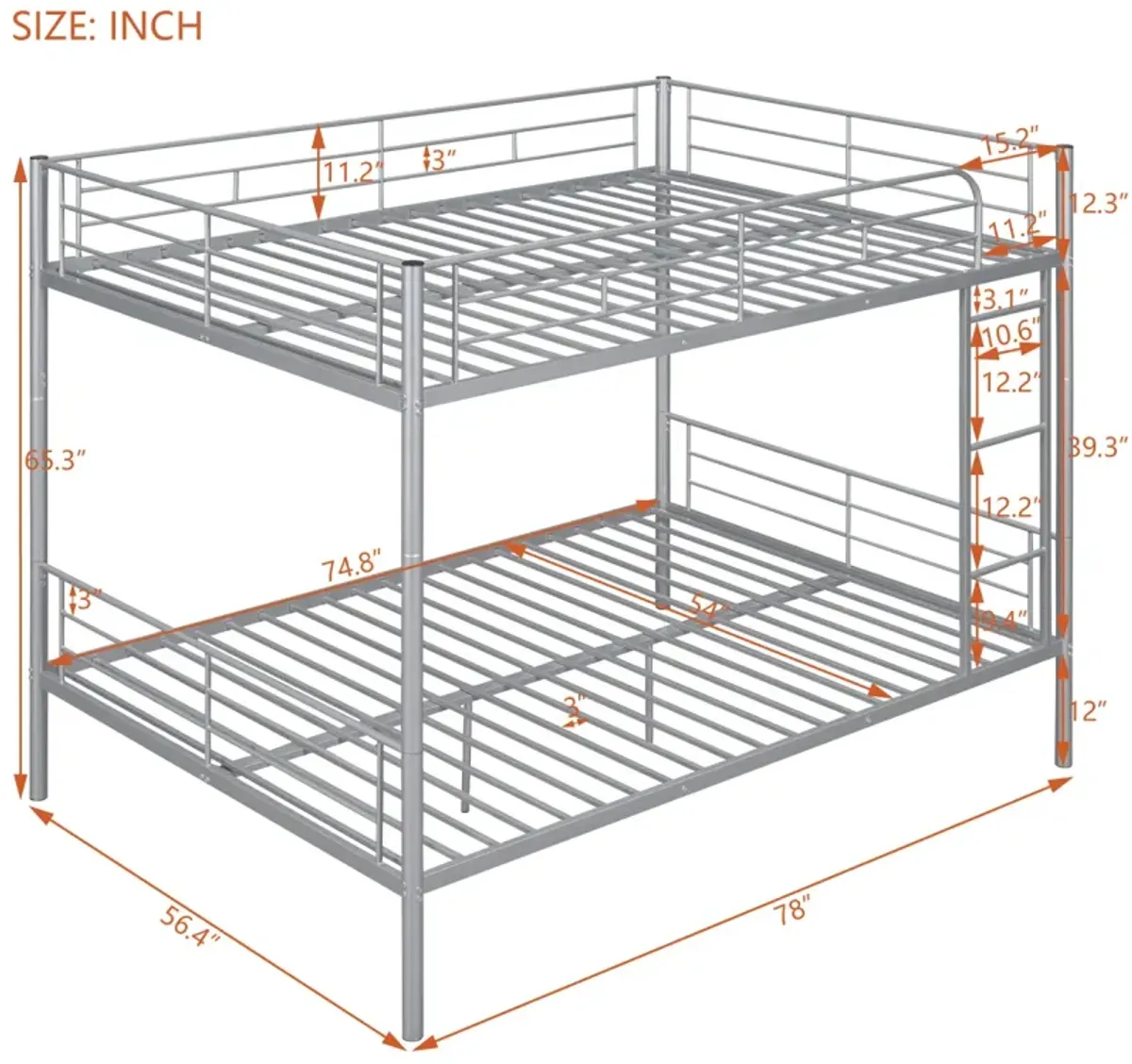 Full Over Full Metal Bunk Bed, Sliver