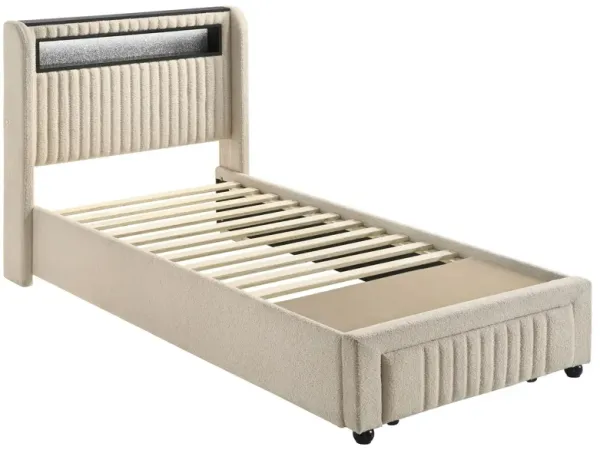 Madie Twin Platform Bed, LED and Storage, Cream Channel Tufted Boucle - Benzara