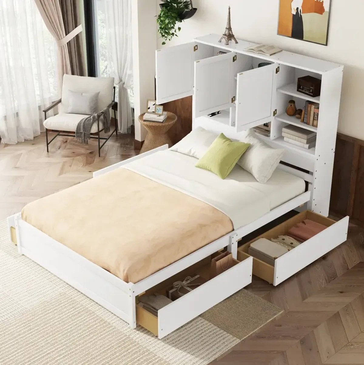 Merax Platform Bed with Storage Headboard and 4 Drawers