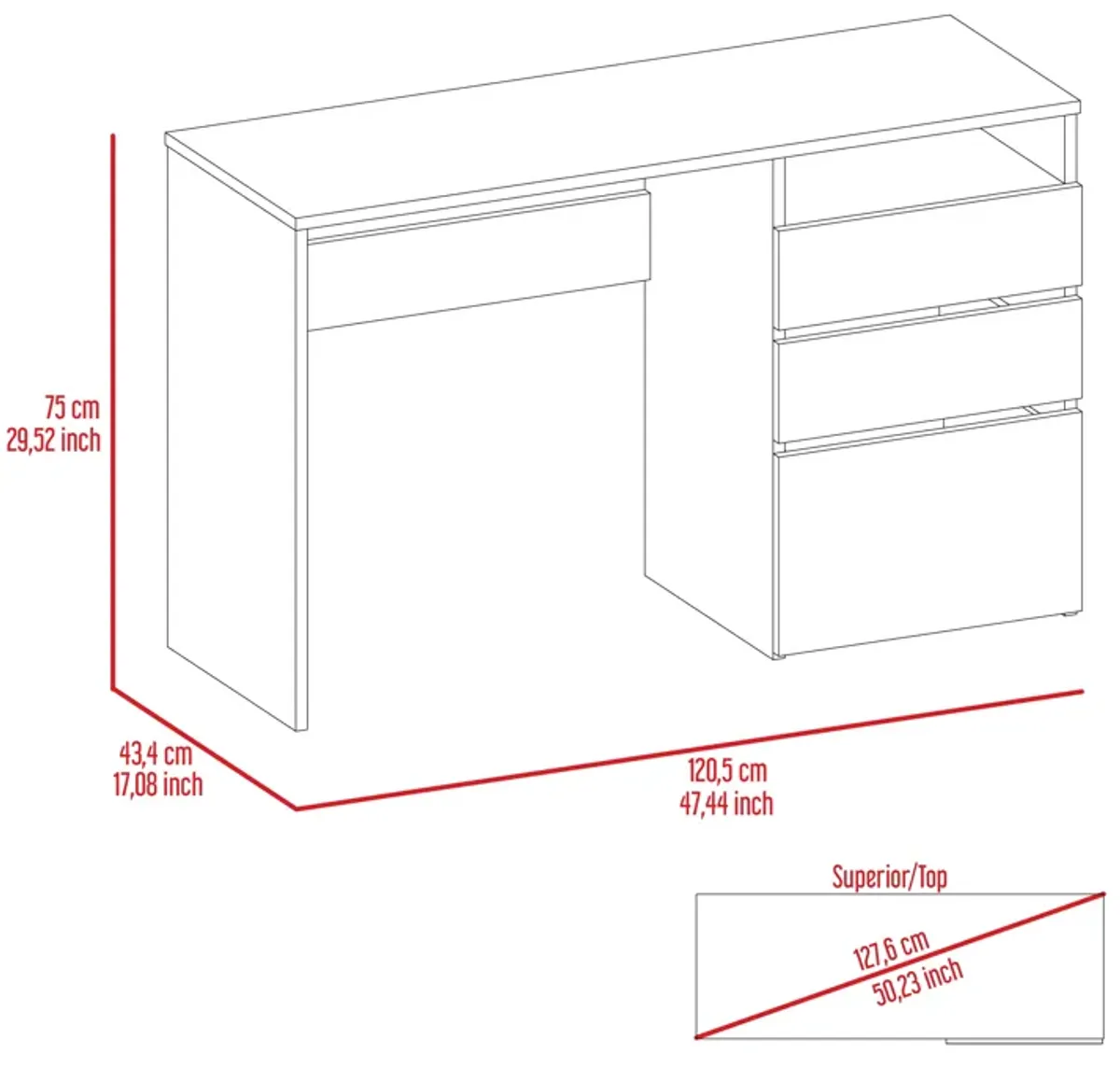 DEPOT E-SHOP Kenai 3 Drawers Computer Desk, One Shelf, Light Gray