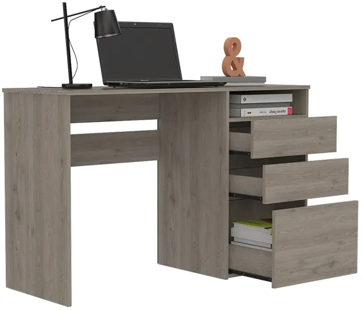 DEPOT E-SHOP Kenai 3 Drawers Computer Desk, One Shelf, Light Gray