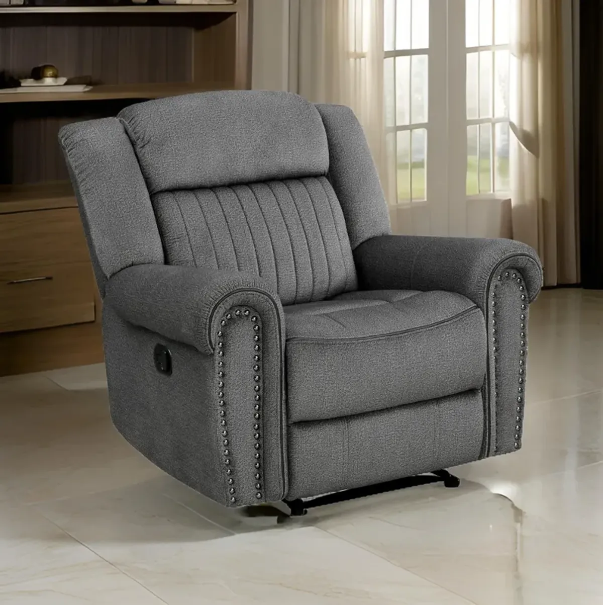 Ben 38 Inch Manual Recliner Chair, Gray Microfiber, Plush Foam, Solid Wood - Benzara